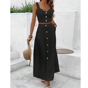 Button Detail Sweetheart Crop Top Maxi Skirt Set